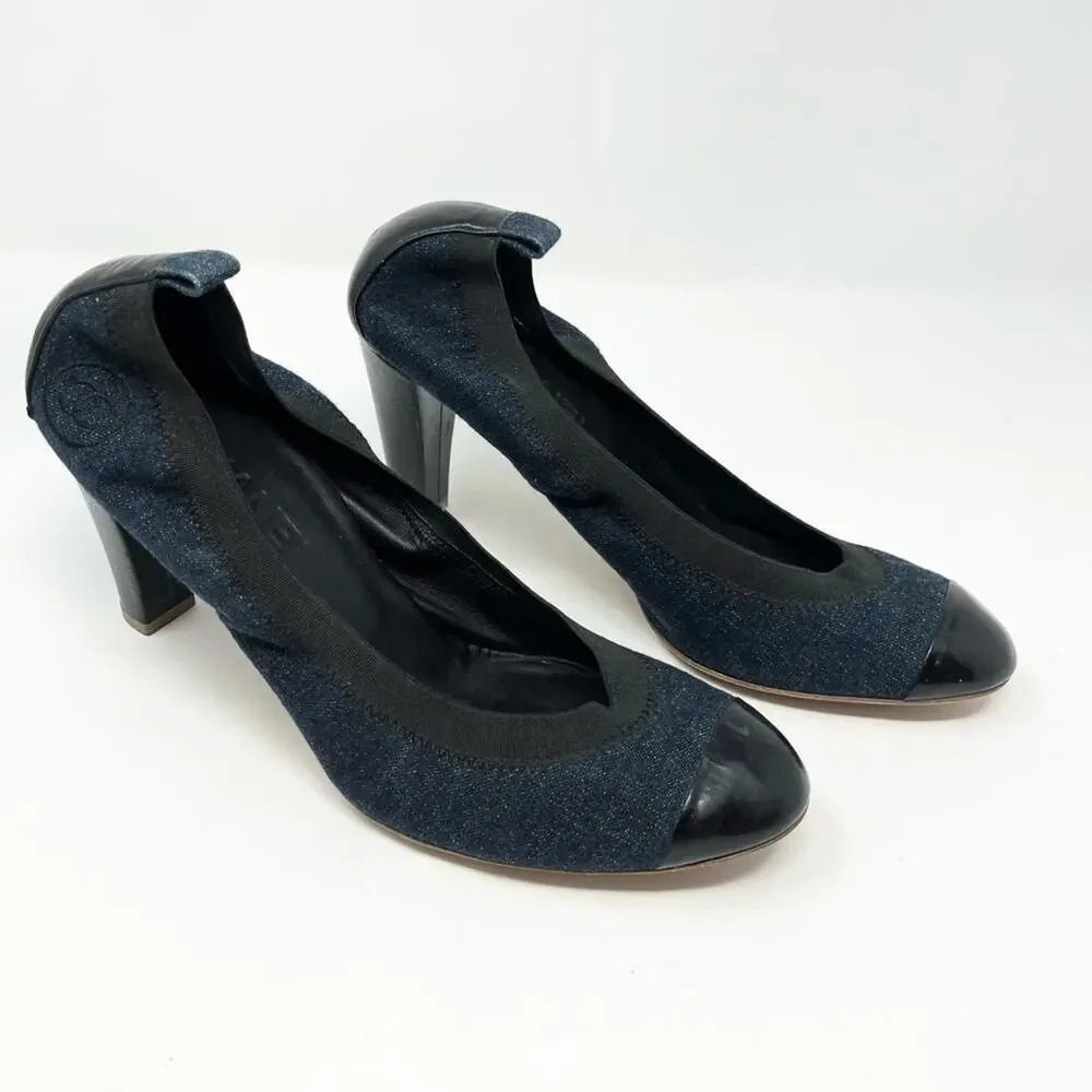 Chanel Ballet Cap Toe Leather Pump Black Denim Spirit Stretch Pump Vintage 41
